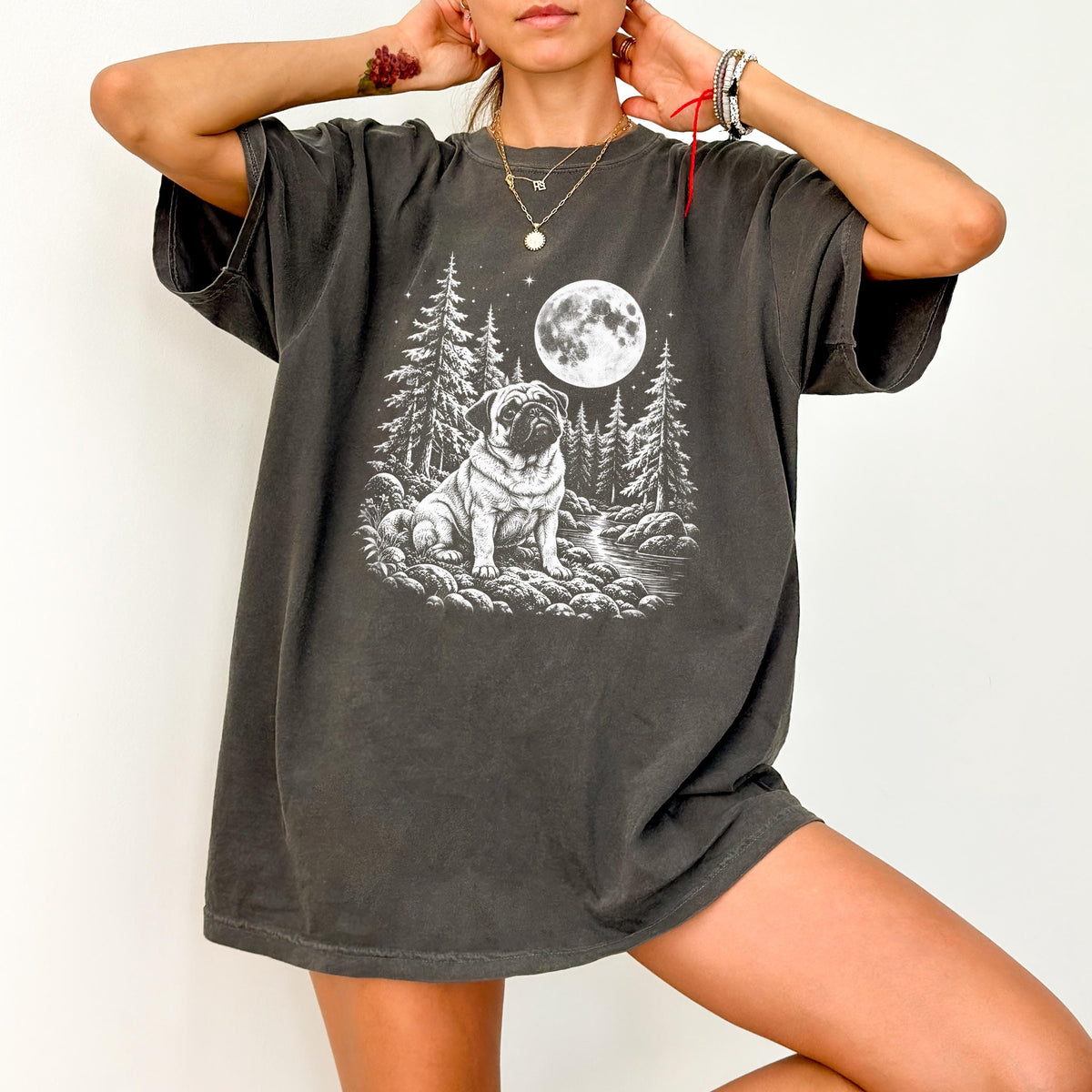 Vintage Pug Shirt, Moon Graphic Tee, Dog Lover Gift, Comfort Colors 1717