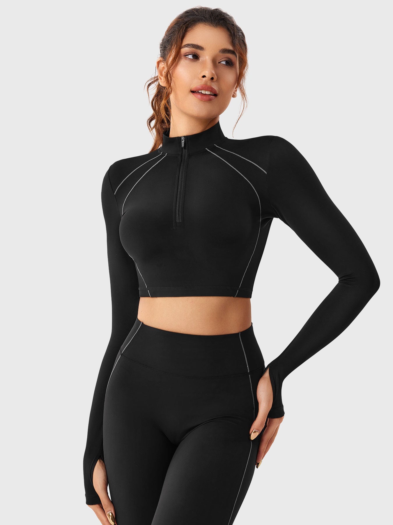 YGLEO Clementine Half Zip Crop Top Leggings Sets