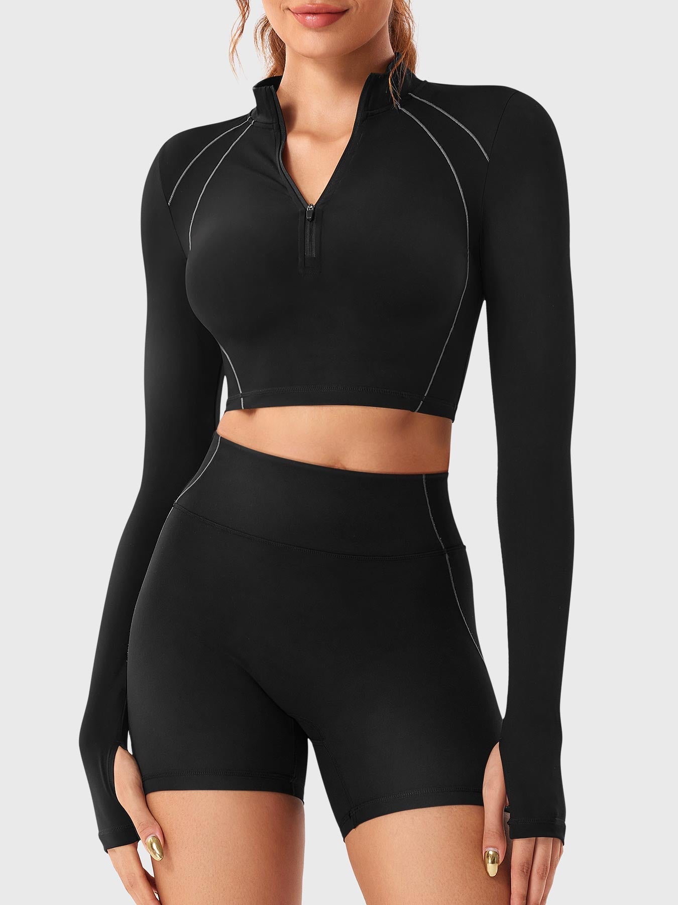 YGLEO Clementine Half Zip Crop Top Shorts Sets