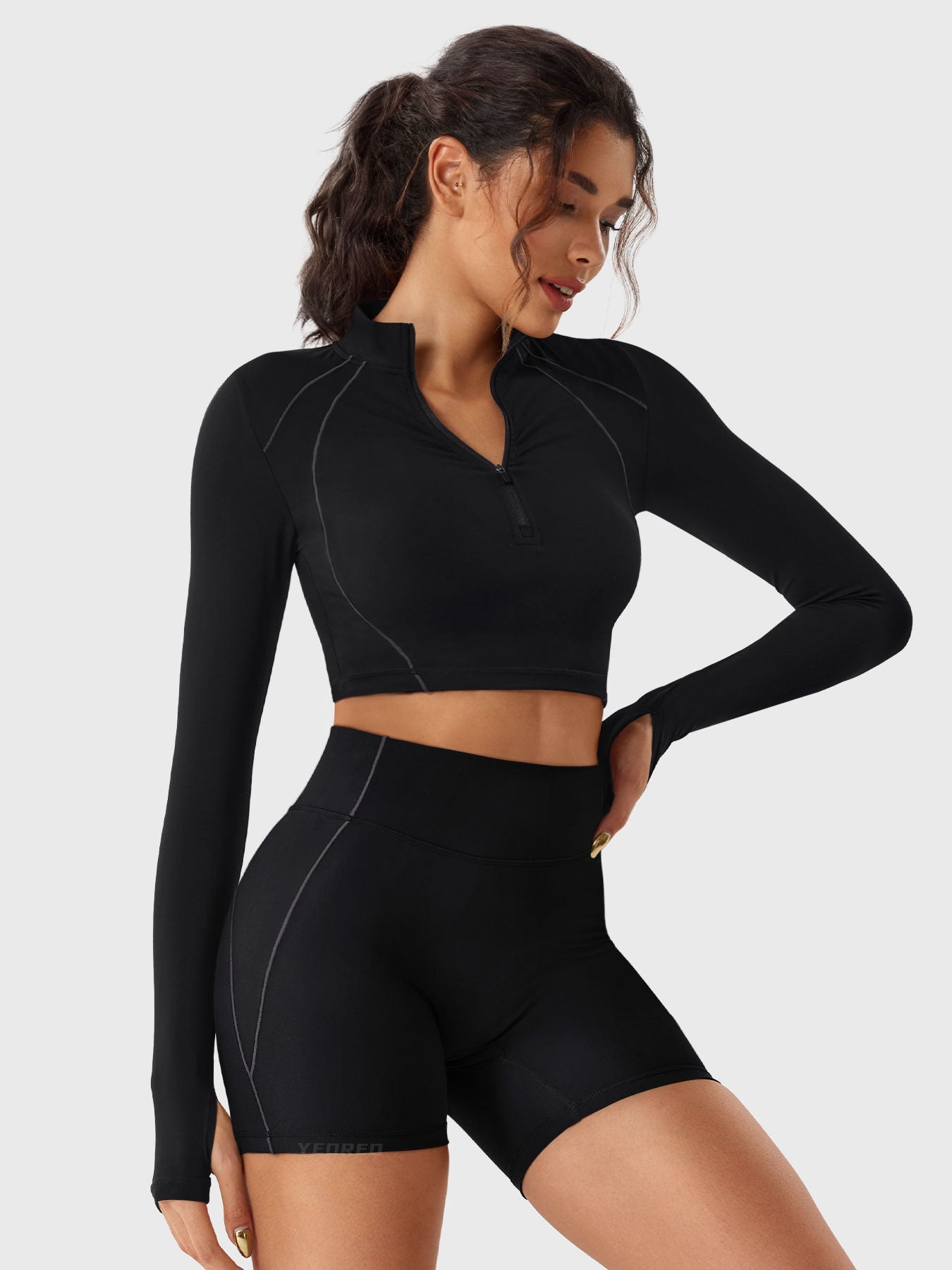 YGLEO Clementine Half Zip Crop Top Shorts Sets