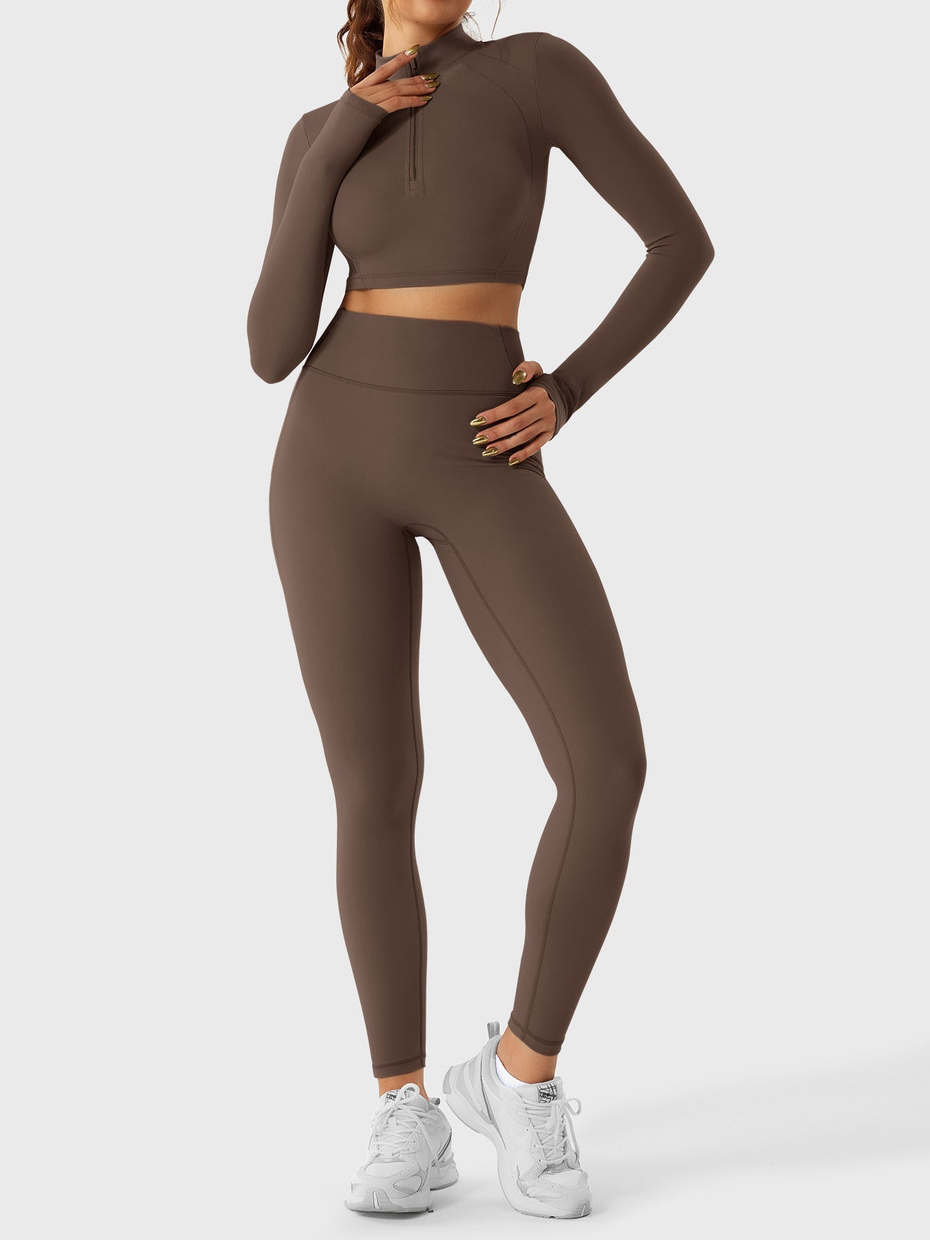 YGLEO Clementine Half Zip Crop Top Leggings Sets