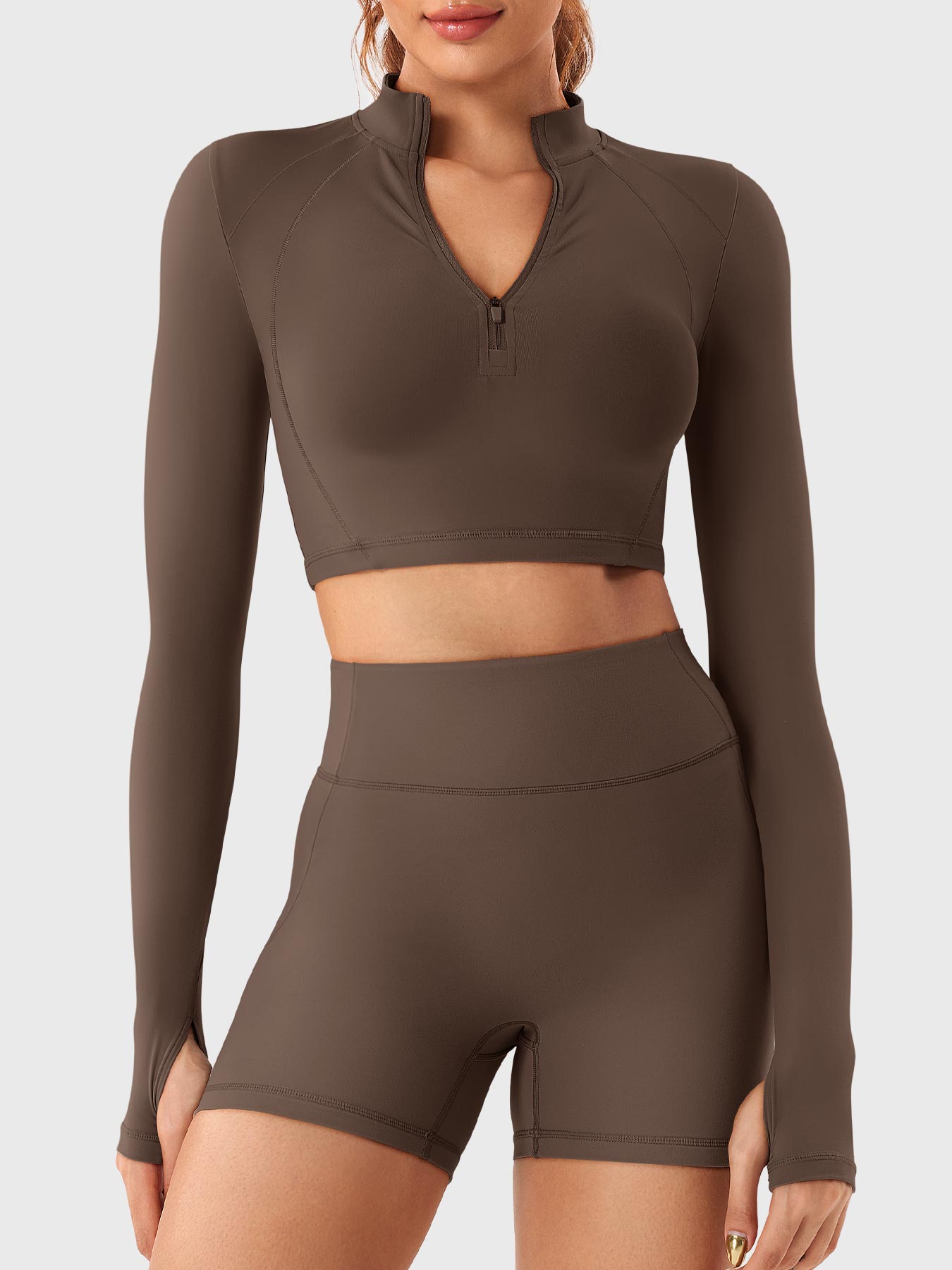 YGLEO Clementine Half Zip Crop Top Shorts Sets