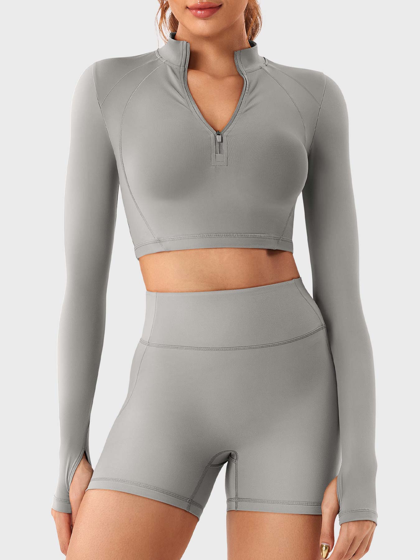 YGLEO Clementine Half Zip Crop Top Shorts Sets