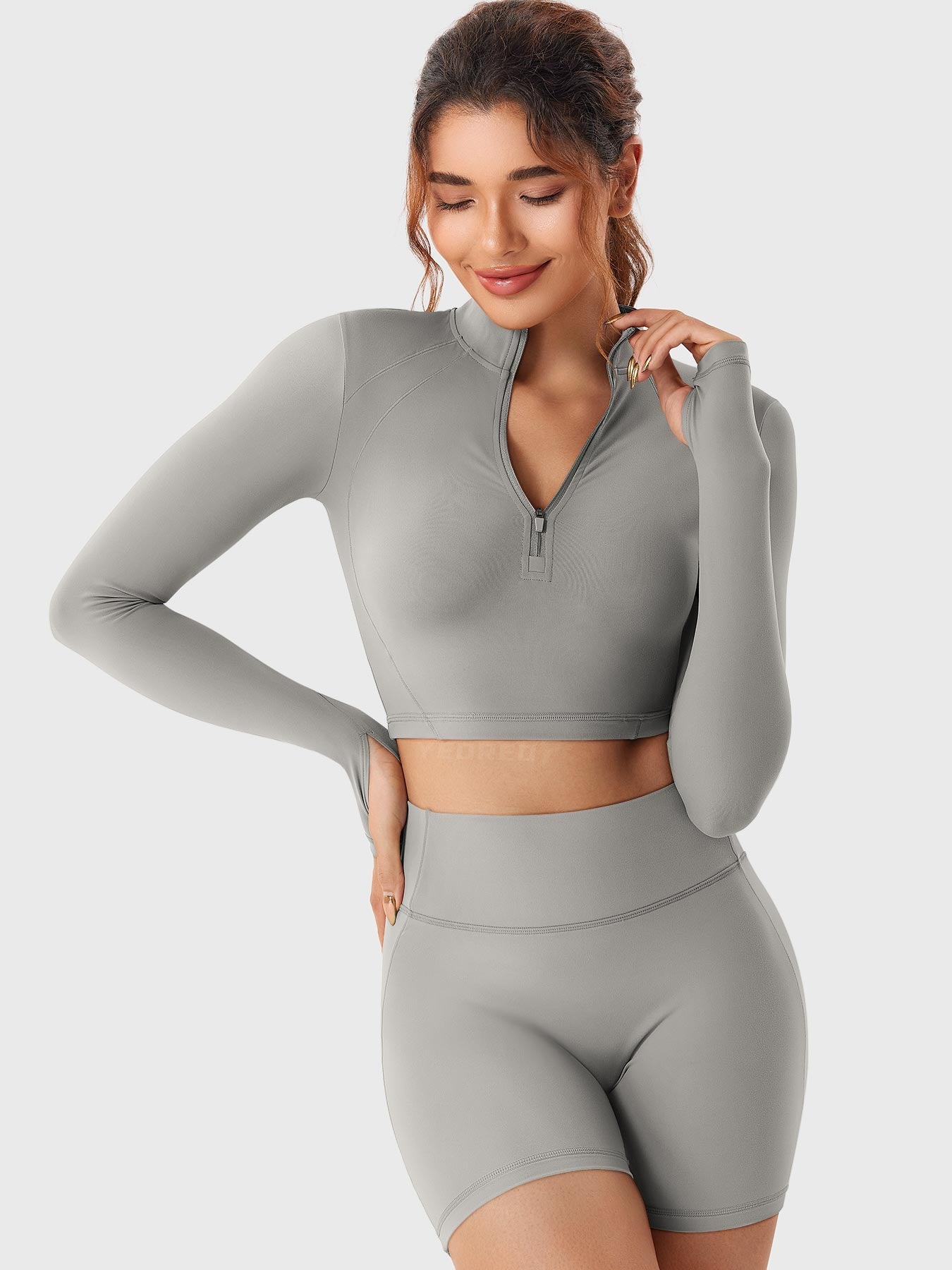 YGLEO Clementine Half Zip Crop Top Shorts Sets