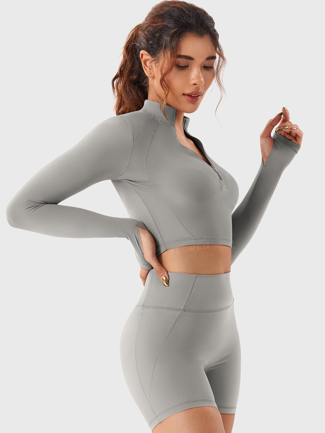 YGLEO Clementine Half Zip Crop Top Shorts Sets