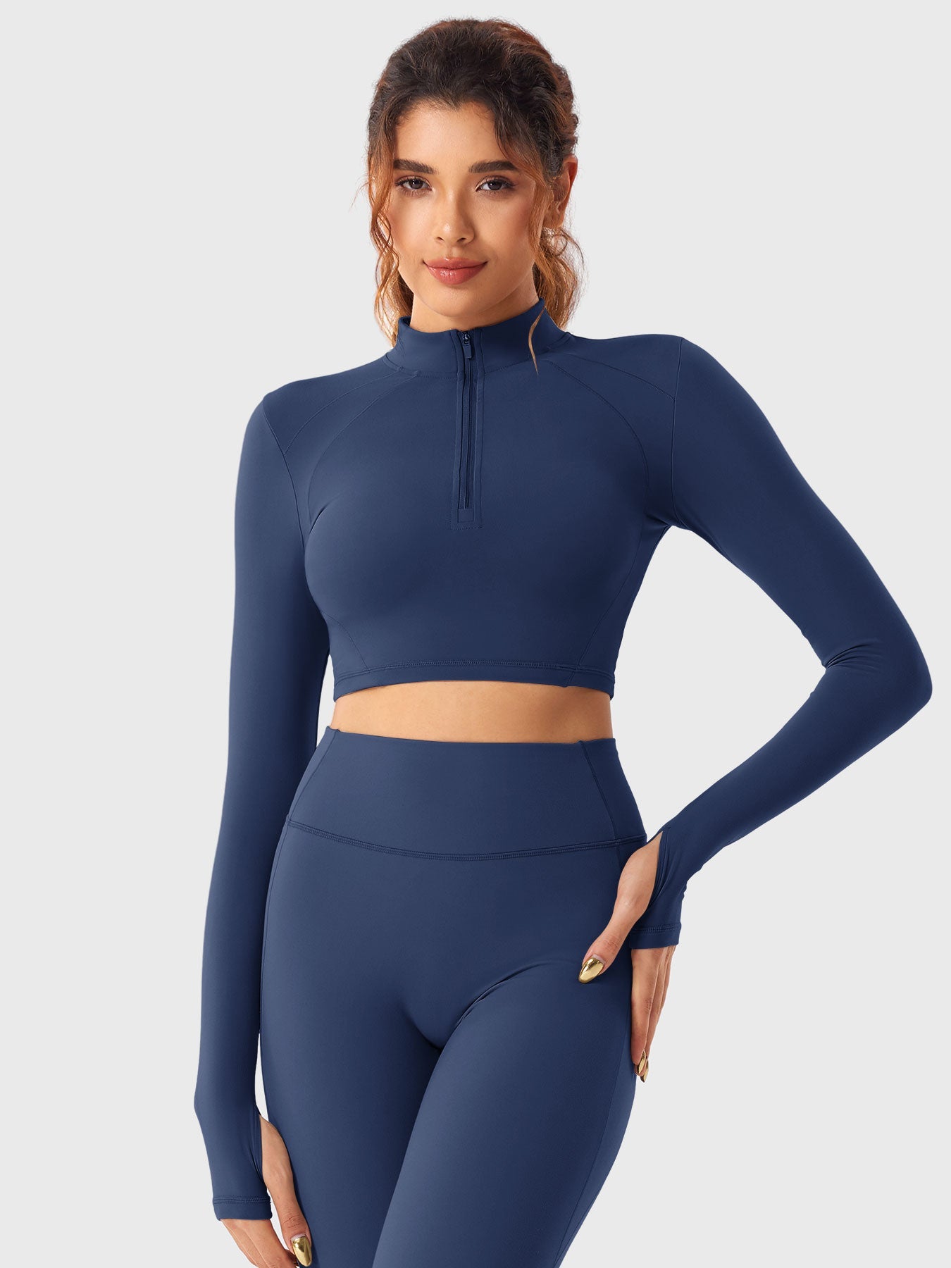 YGLEO Clementine Half Zip Crop Top Leggings Sets