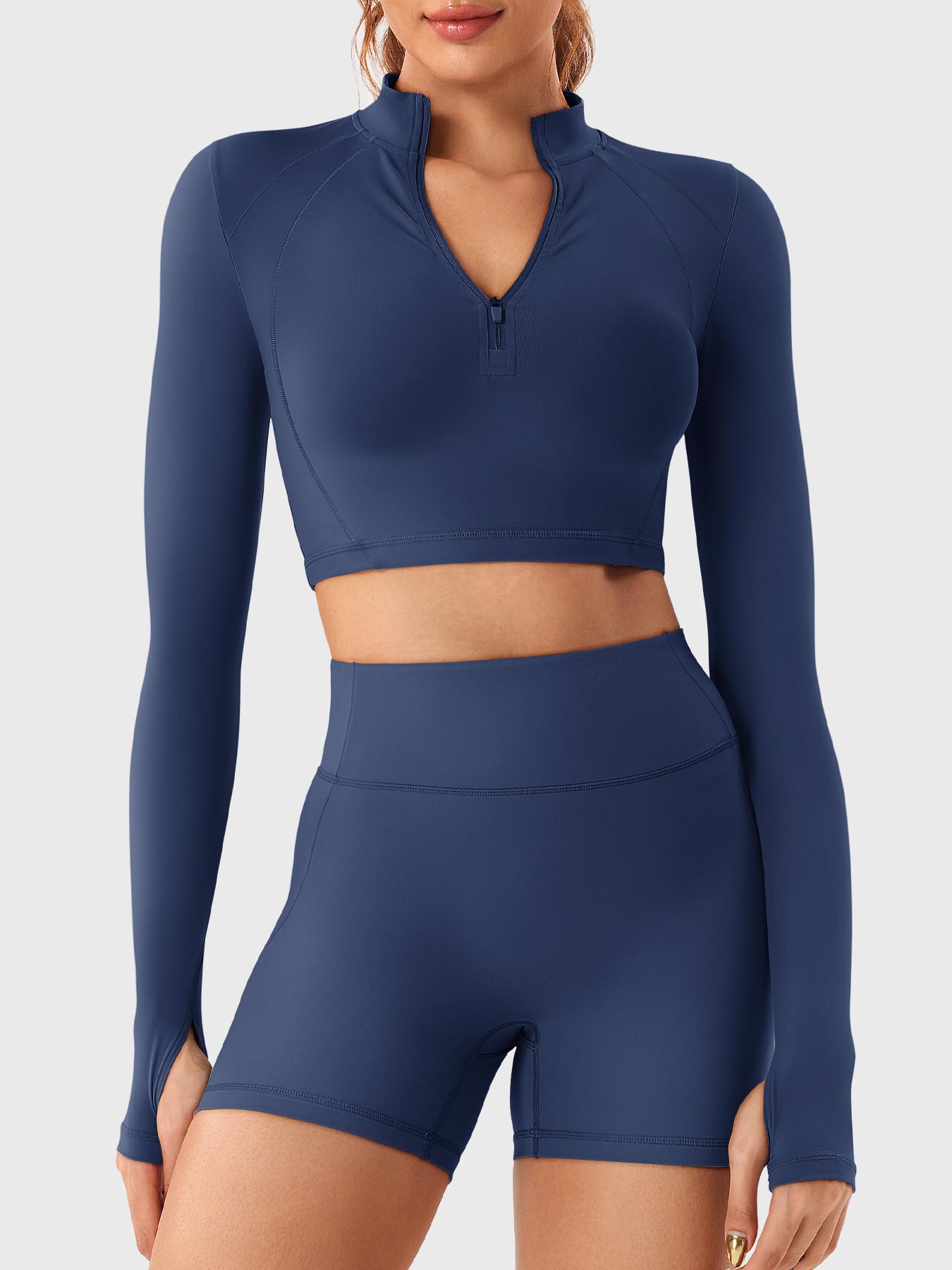 YGLEO Clementine Half Zip Crop Top Shorts Sets